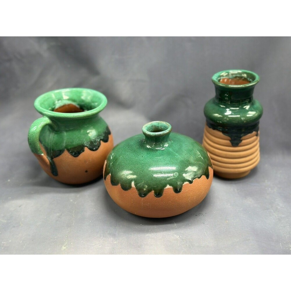 Pottery Terracotta Green Drip Set Vase Pitcher Planter Weed Pot Lot Of 3